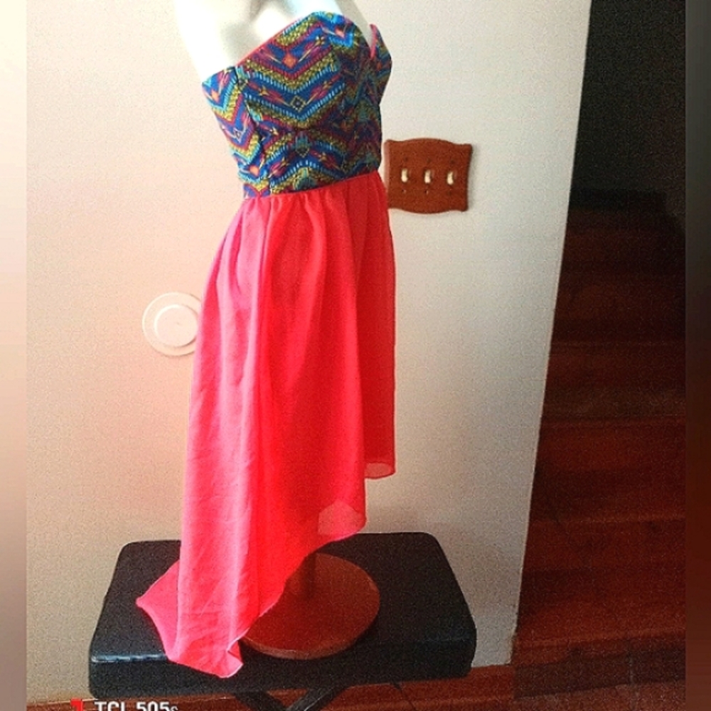 Colorful Strapless High-Low Dress - Picture 2 of 8